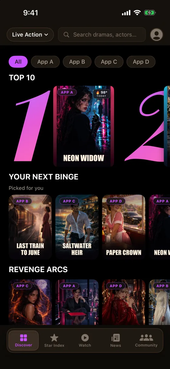 The VertPop app's Discover screen: a Top 10 across apps A to D, Your Next Binge picked for you, and genre rows