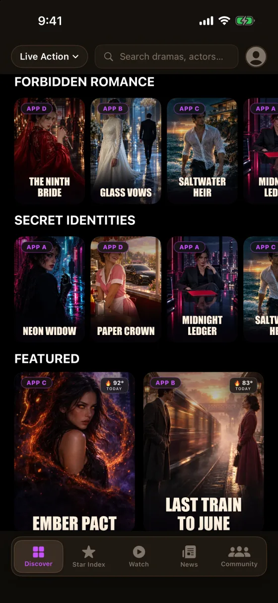 The VertPop app's Discover rails: genre rows mixing shows from apps A to D, and Featured picks with live heat scores